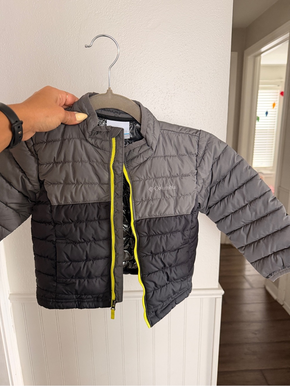 Columbia Kids Two-Tone Gray & Black Puffer Jacket with Yellow Trim